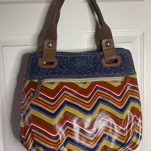 Fossil key Per multi color zigzag coated canvas ltote with blue & brown … - Picture 2 of 14